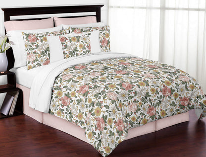 Sweet Jojo Designs Vintage Floral Boho Bathroom Fabric Bath Shower Curtain - Blush Pink, Yellow, Green and White Shabby Chic Rose Flower Farmhouse