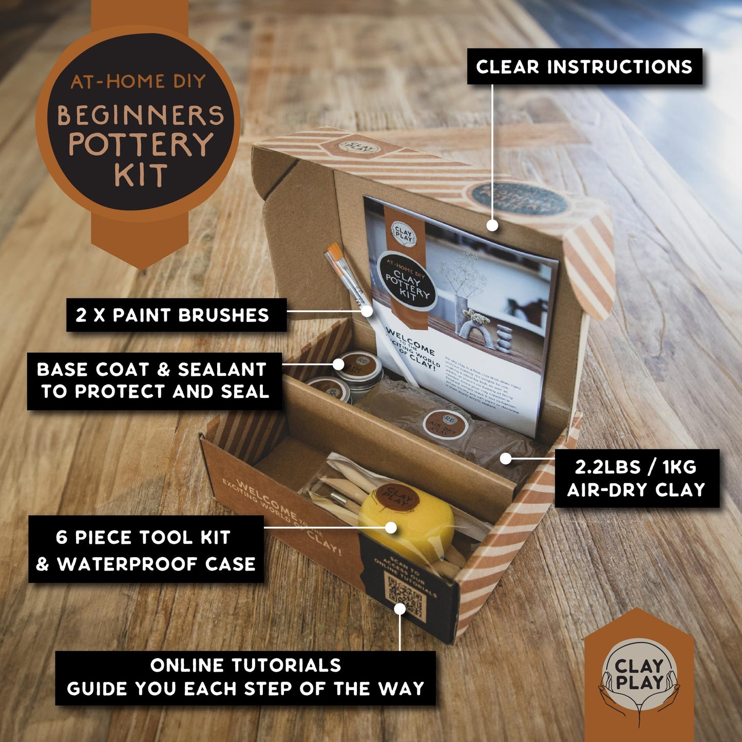 Clay Play at Home DIY Beginner Pottery Kit for Adults with Instructions and Online Tutorials, Air Dry Sculpting Clay, Tool Kit, Base Coat and Sealant for Date Night or Hobbist