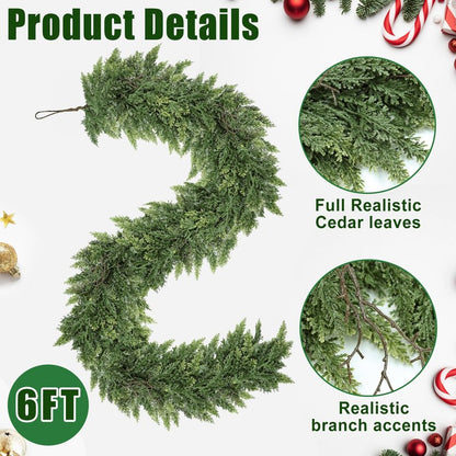 MDSTBN 6ft Christmas Garland Realistic Soft and Thickness Green Faux Cedar Pine Garland Artificial Cedar Cypress Garland for Home Fireplace Wall Indoor Outdoor Holiday Party Home Decoration