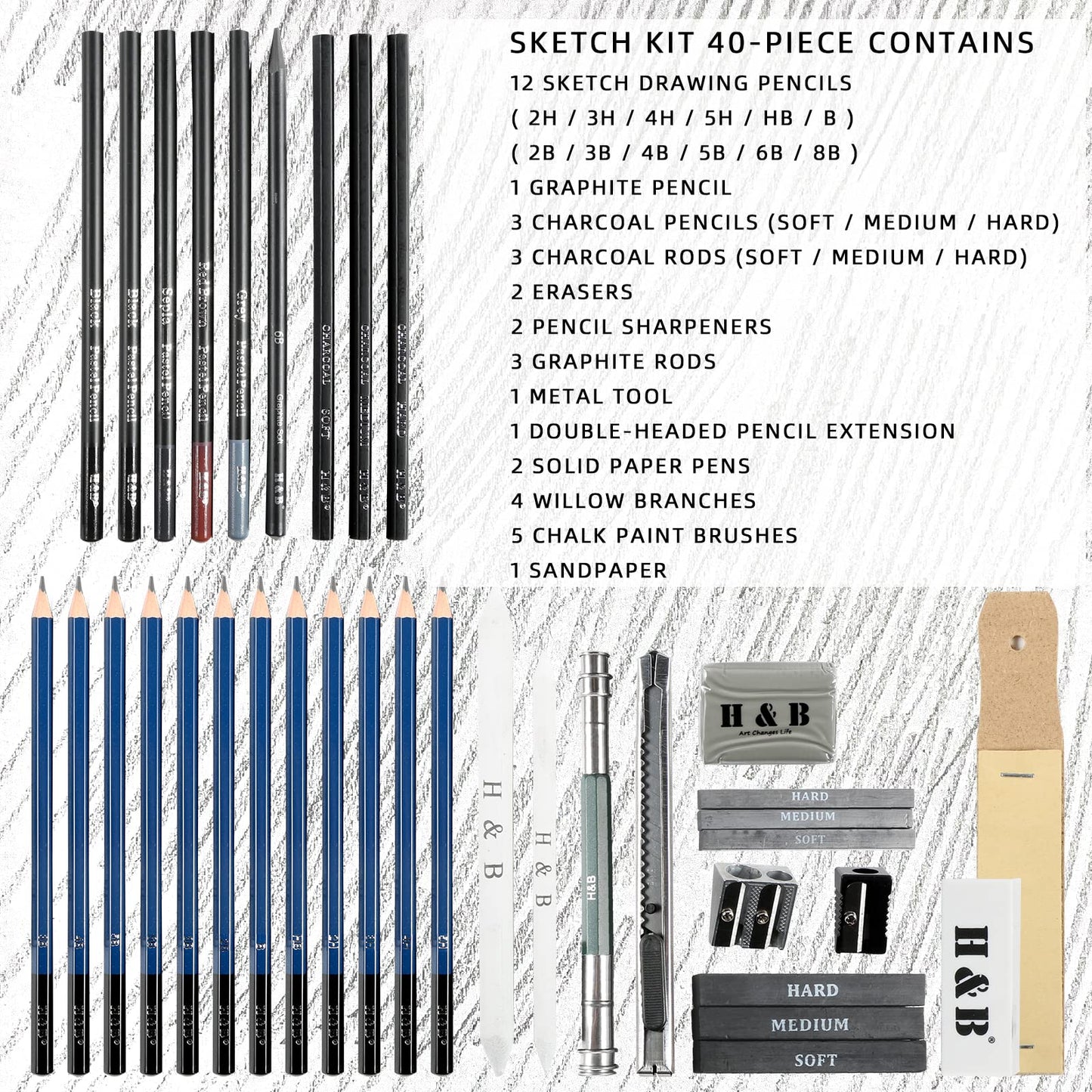 H & B 40 Piece Professional Sketch Pencil Drawing Kit,Complete Artist Kit, Including Graphite Pencils, Pastels, Sharpener and Eraser