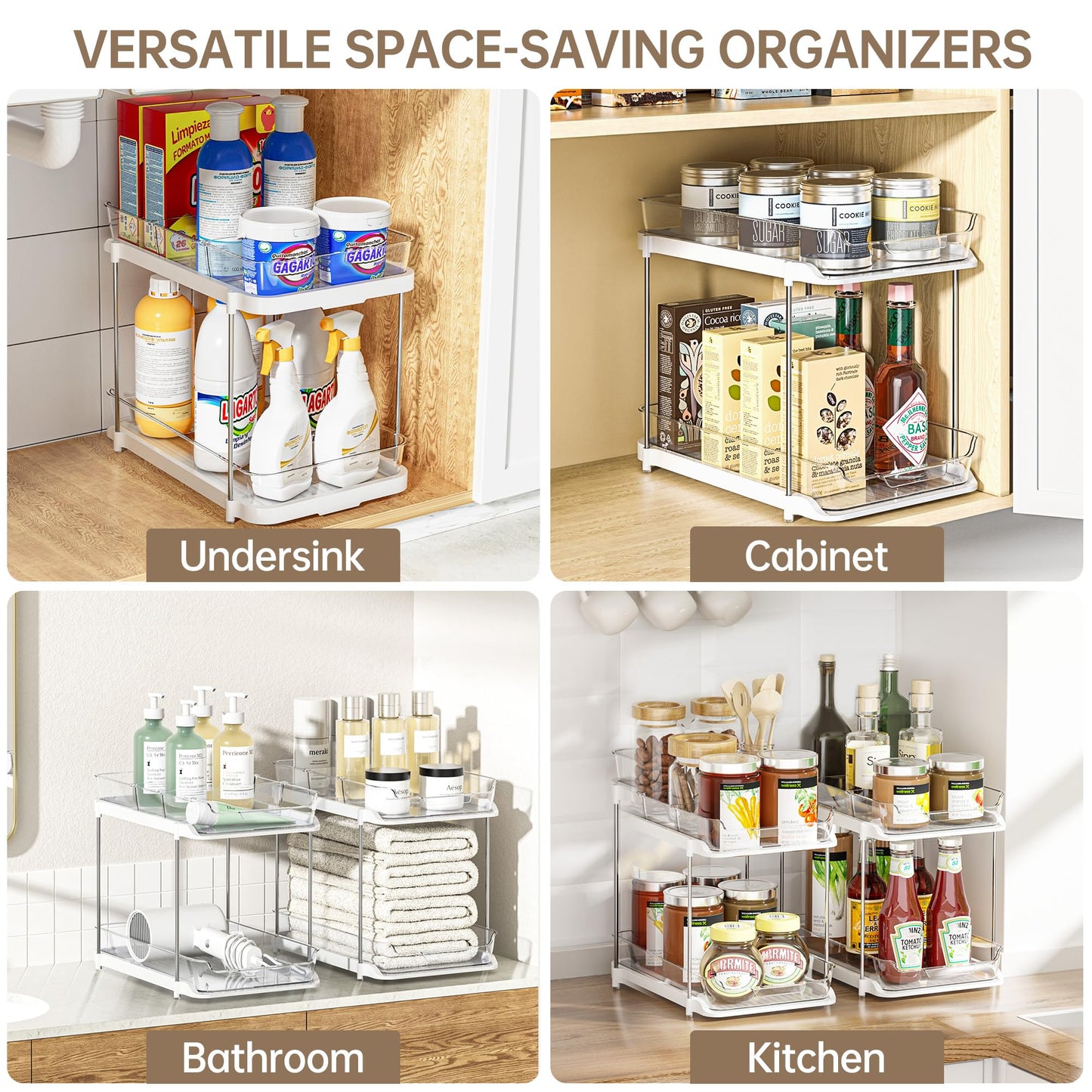 Delamu 2-Tier Multi-Purpose Bathroom Under Sink Organizers and Storage, Stackable Kitchen Pantry Organization, Pull Out Medicine Cabinet Organizer with Movable Dividers, White, 2 Pack