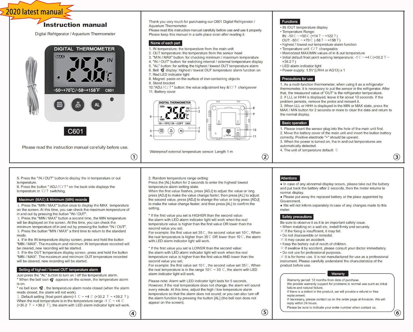 Fridge Freezer Thermometer with Max/Min Memory, LXSZRPH High & Low Temperature Alarms, Digital with Magnetic Stand, 2