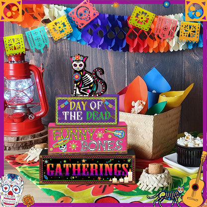 Britimes 4 Pcs Day of the Dead Table Decor Halloween Cat Tiered Tray Decorations Set Funny Bones Stack Block Signs Gift Rustic Farmhouse Tabletop Decor for Table & Home Office