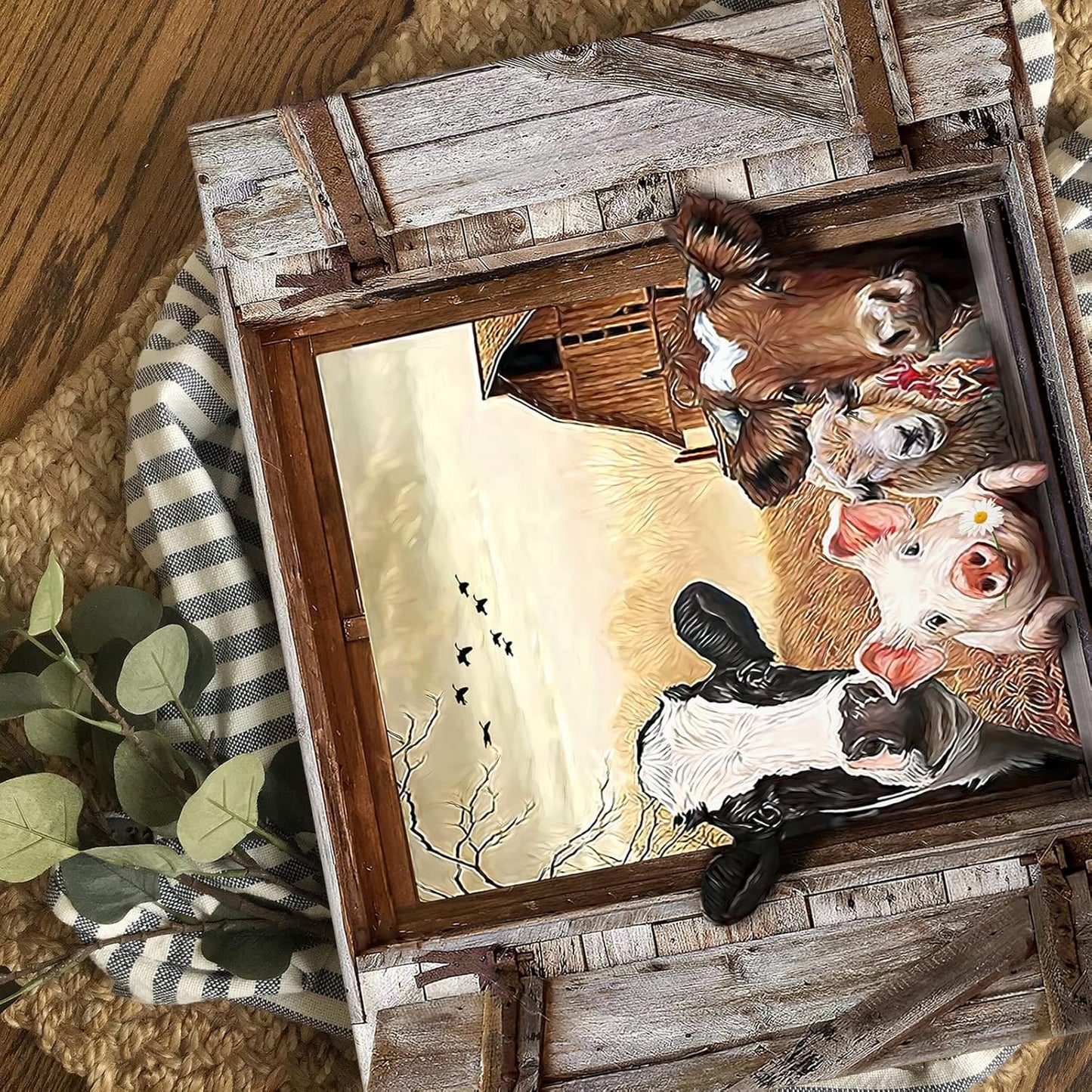 Kasluolo Farmhouse Animals Wall Art, Cow in Fake Window Landscape Picture, Framed Artwork for Bathroom or Office 12x16
