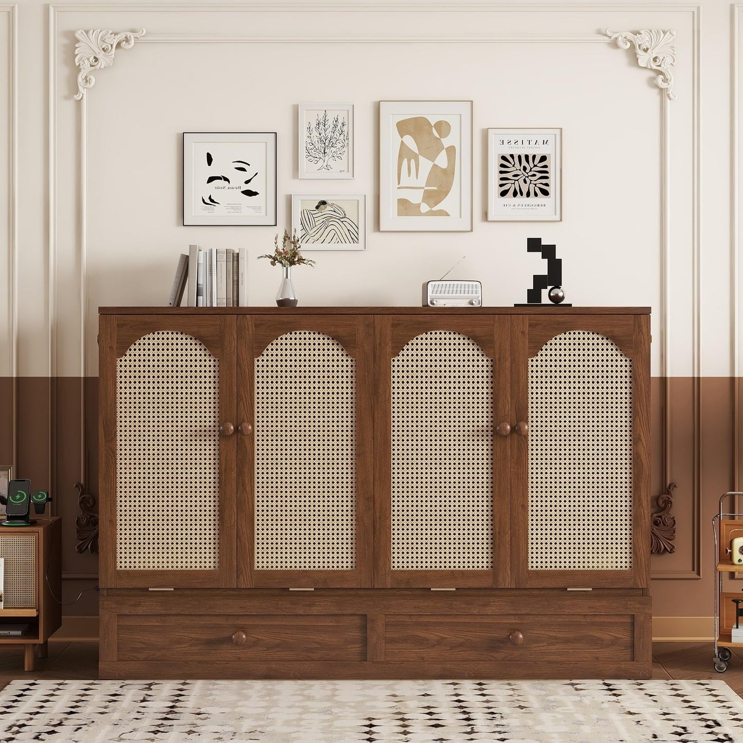 PVWIIK Queen Size Murphy Bed Cabinet with Power Station & Large Drawer for Bedroom,Pine Wood Folding Chest Bed with Rattan Panel, Space-Saving Wall Bed, Walnut