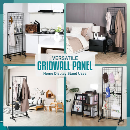 2 Gridwall Panels | 5 FT Tall x 2 FT Wide Portable Display Stand for Vendor Events with Caster Wheels | Heavy Duty Grid Wall with 16 Hooks Included | Gridwall Panel Display Stand for Easy Assembly