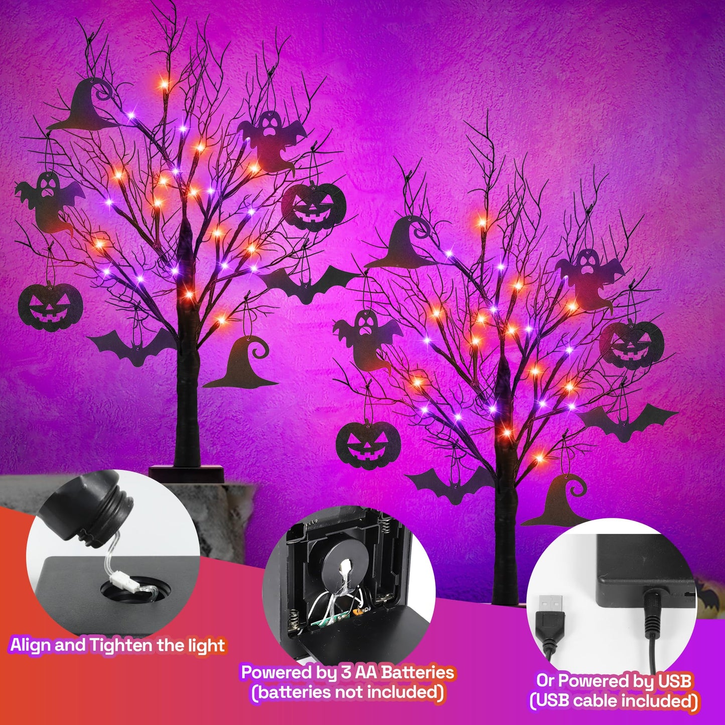 [Timer] 2 Pack 24 Inch Halloween Decorations Indoor, Black Halloween Tree with 24 LED Orange Purple Lights & 16 Pumpkin Bat Ghost Witch Hat, USB/Battery Operated Table Decorations Home Party