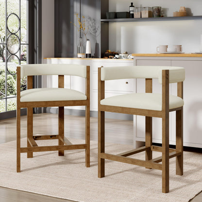 Christopher Knight Home Set of 2 Rylan Modern Fabric Upholstered Dining Room Counter Height Barstools,Kitchen Island Rubberwood Counter Stool,Armchair with Footrest+Curved Backrest,Beige+Walnut