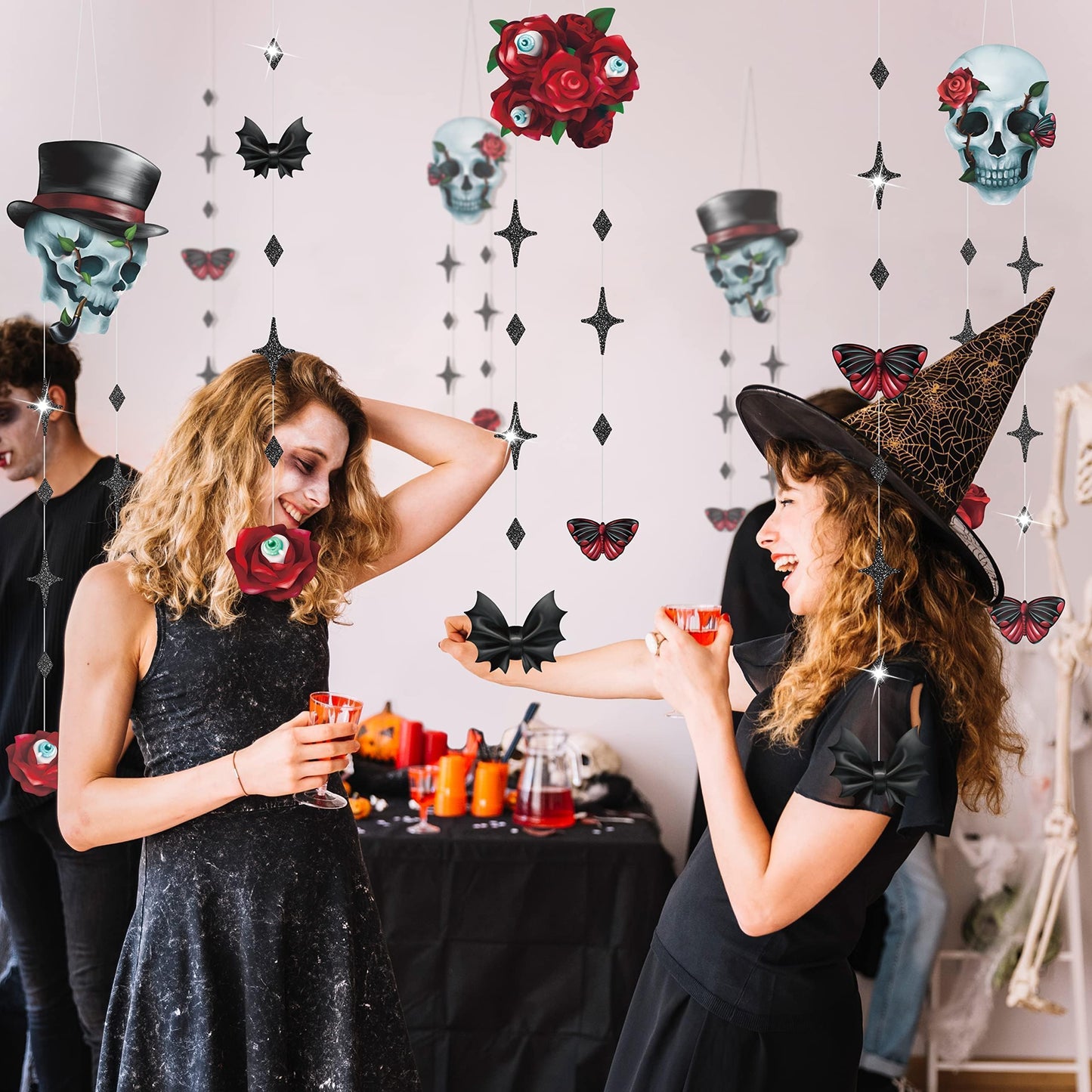 Cheerland Skull Rose Halloween Decorations Red Rose Skull Garlands Gothic Party Decorations Hanging Skeleton Streamers Witchy Decor Gothic Birthday Decoration Spooky Red Black Skull Banner Supplies