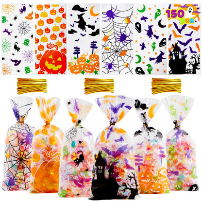 JOYIN 150 PCS Halloween Cellophane Candy Bags, Clear Treat Bags with Twist Ties, Halloween Trick or Treating Goodie Bag, Non Candy Cookie Bag Bulk for Kids Classroom Party Favors Supplies in 6 Design