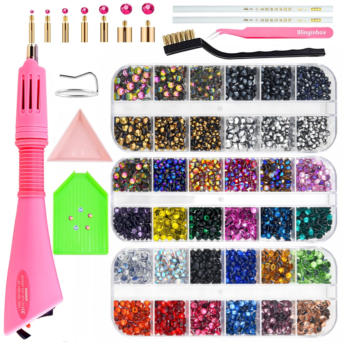 Hotfix Rhinestones Applicator Bedazzler Hot Fix Applicator Tool Kit with 3 Boxes Crystal Gems for Bedazzling Clothes Clothing Fabric Bedazzle, Heat Bedazzled Diamond Pen Setter Iron on Wand with Tips