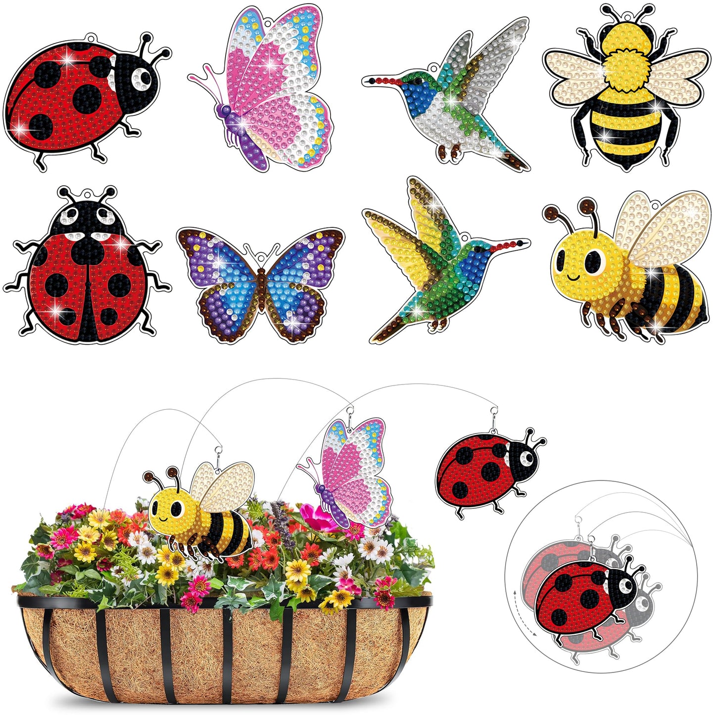 Morledoa 8 Pcs Spring Diamond Art Kits for Adults, Swaying Diamond Painting Stakes for Garden Decor with Butterfly, Hummingbird, Ladybug, Bee
