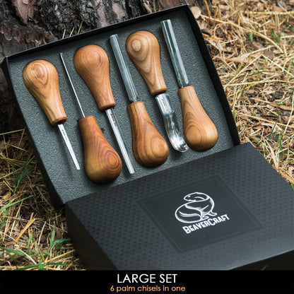 BeaverCraft Wood Carving Gouges Kit SC05 - Wood Carving Chisels Set with Palm Gouge & Flat Straight Chisel, Rounded Short Bent, V-chisels - Whittling Knives, Tools for Beginners and Profi Carvers