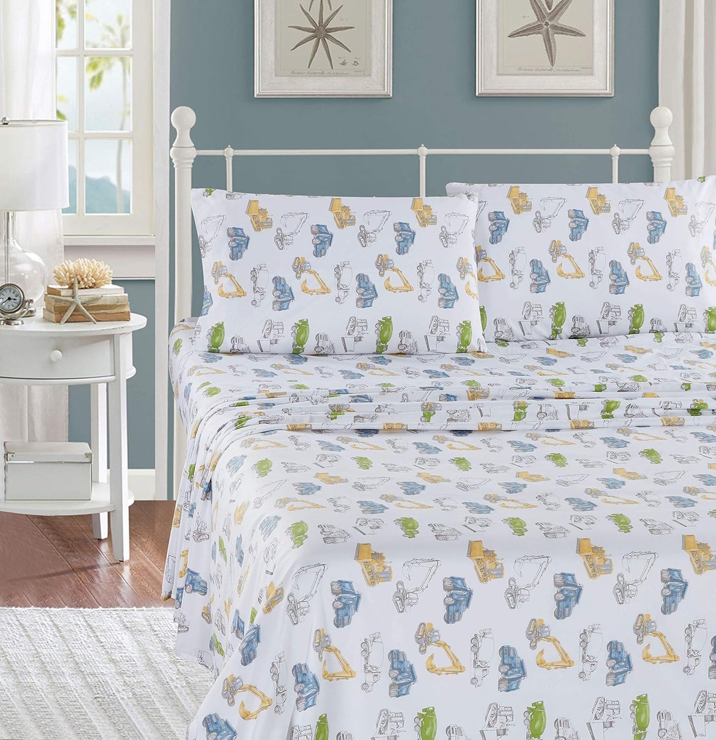 Linen Plus Set Bulldozer Sheet Kids/Teen Excavator Cement Dump Construction Vehicles White Green Yellow Blue New #