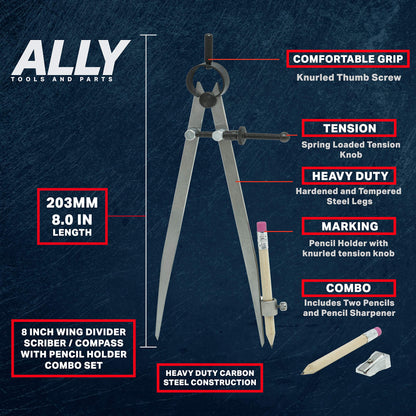 ALLY Tools 8 Inch Precision Locking Spring Divider/Woodworking Compass with Pencil Holder INCLUDES Two Pencils and Pencil Sharpener Ideal for Drawing, Drafting, Carpentry