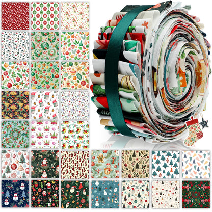 Hahafelt 60 Pcs Fabric Strips for Quilting 2.6 x 40" Floral Cotton Fabric Bundles Precut Patchwork for Gift Sewing DIY Crafts(Winter)