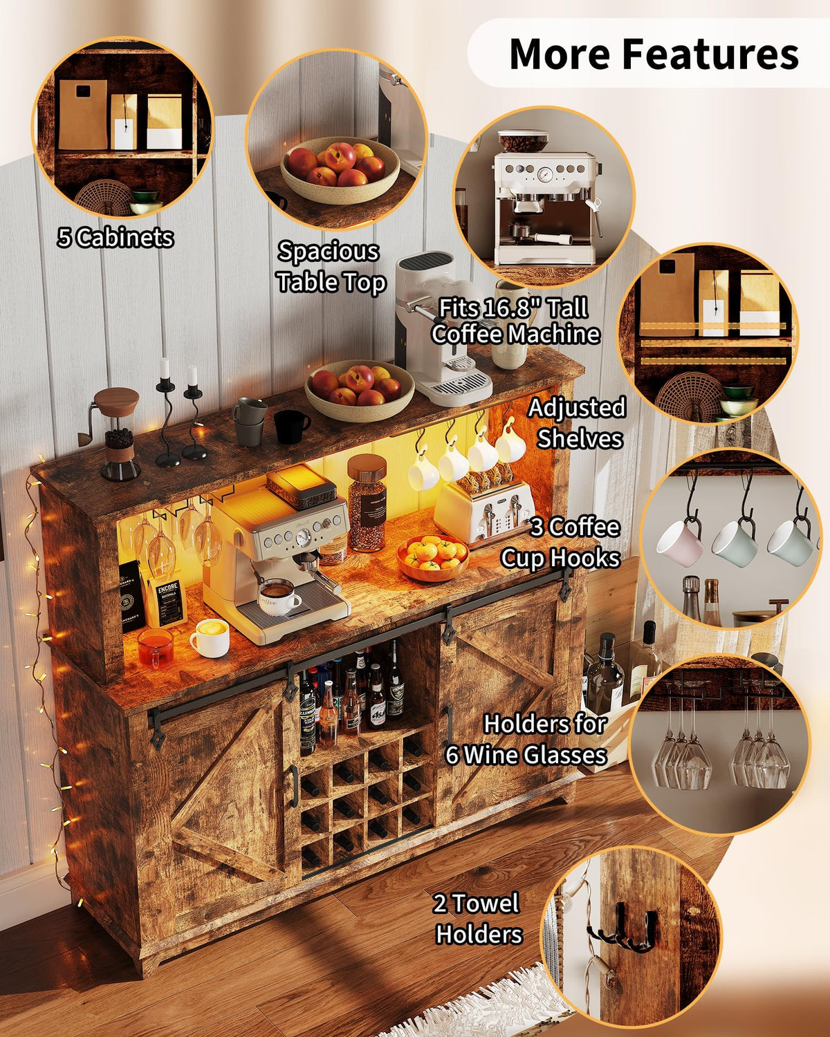 55 in Farmhouse Coffee Bar Cabinet with 3-Mode LED Light and Power Outlet - Large Kitchen Hutch with Sliding Barn Door - Wine Cabinets with Storage Drawers and Wine Glass Rack for Home and Living Rome