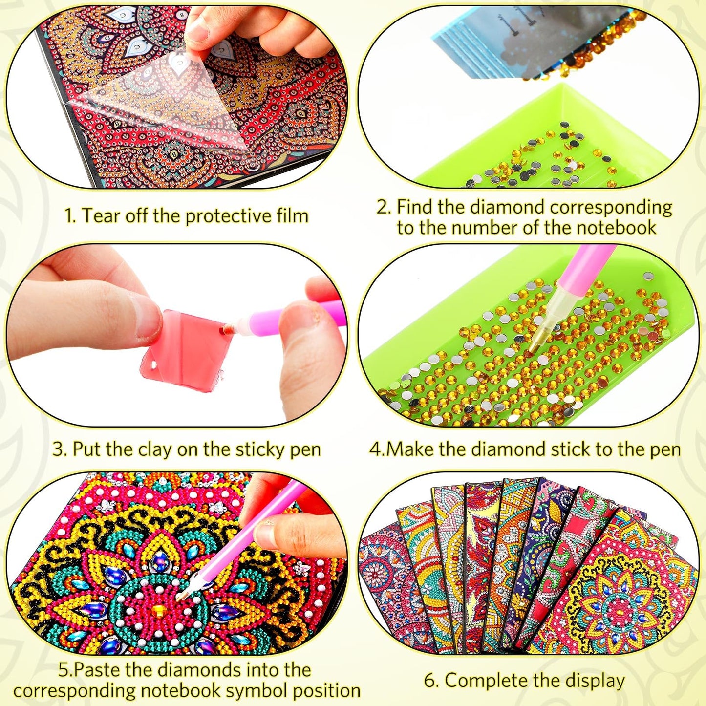 Tenceur 8 Pcs Diamond Art Notebooks Kits for Adult DIY 5D Colorful Mandala Flower Journal Notebook Notepad Sketchbook with Tools Birthday Gifts for Study Home Office Art Drawing