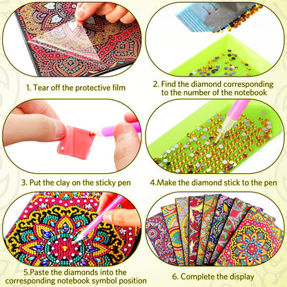 Tenceur 8 Pcs Diamond Art Notebooks Kits for Adult DIY 5D Colorful Mandala Flower Journal Notebook Notepad Sketchbook with Tools Birthday Gifts for Study Home Office Art Drawing
