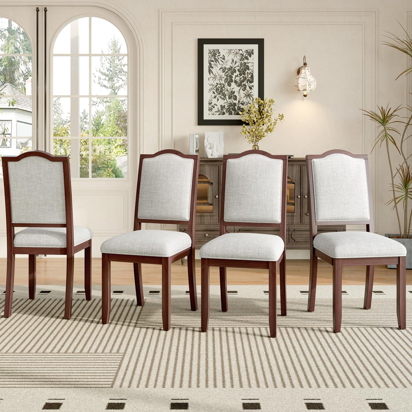 Ball & Cast Farmhouse Dining-Chairs Set of 4, High Back Wood Frame Dining Room Chair with Padded Seat, Modern Upholstered Kitchen Island Seating, 4 Pack Mid-Century Chairs, Cherry&Beige