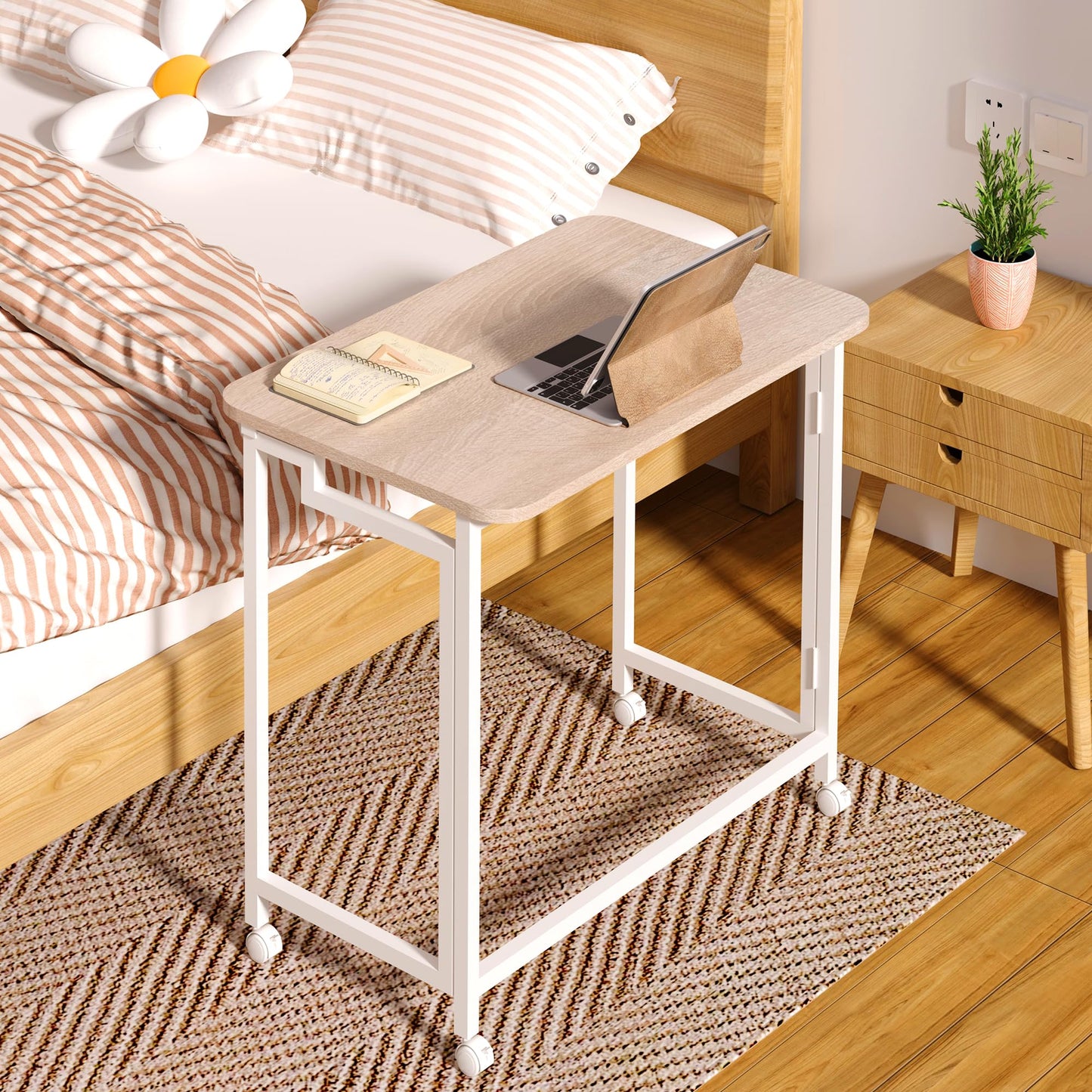 4NM 23.6" Mobile Small Rolling Computer Desk, Folding Laptop Cart Table with Wheels, Portable Office Desk for Small Space Couch Bed - Natural and White