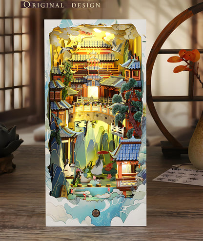 Ahilmrn Book Nook Kit for Adults, DIY Dollhouse Booknooks Penglai Wonderland Landscape Decor Chinese Landscapes Bookshelf Insert with Dust Cover LED 3D Wooden Puzzle Assembly Model Creative Gift