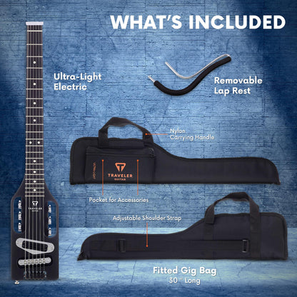 Traveler Guitar Ultra-Light Electric Guitar Matte Black | Portable Electric with Removable Lap Rest | Full 24 3/4" Scale Headless Guitar | Custom Gig Bag Included