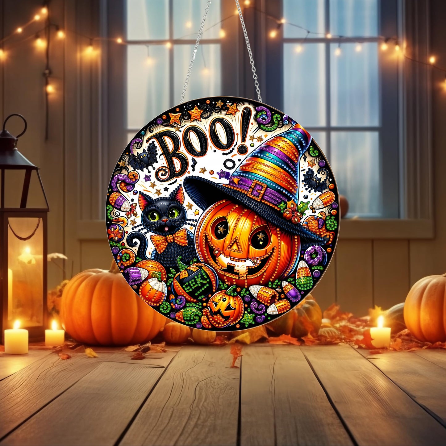 DIY Halloween Acrylic Diamond Art Painting Wreath Kits Special Shaped Rhinestone 5D Diamond Art Window Pendants Home Garden Wall Hanging Kits Hanging Ornament (Pumpkin and Cat)