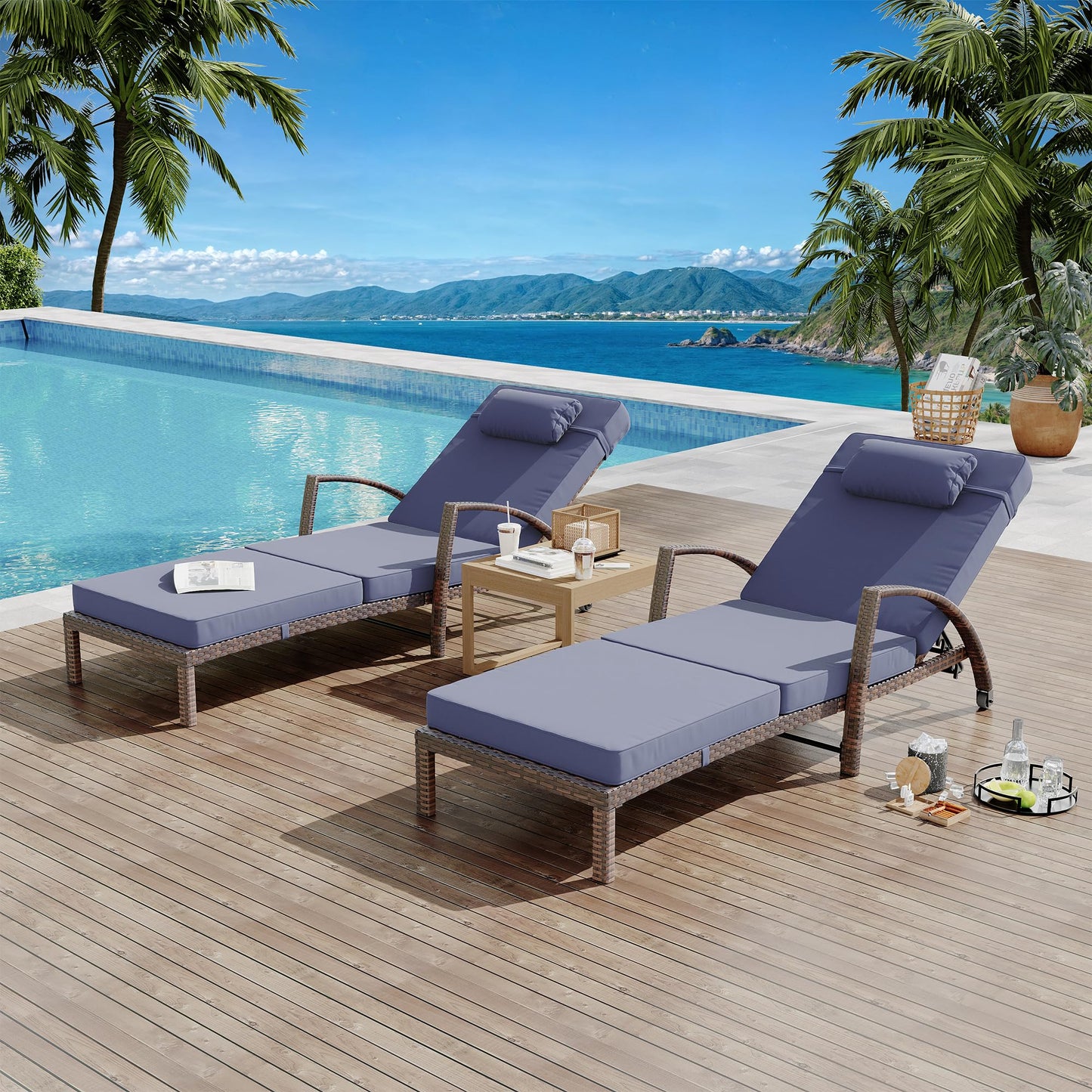 GarveeLife 2-Piece Rattan Patio Folding Chaise Lounge, 5-Position Adjustable Backrest Outdoor Lounge Chair with Cushion and Pillow for Poolside, Backyard, Deck, Porch, Blue