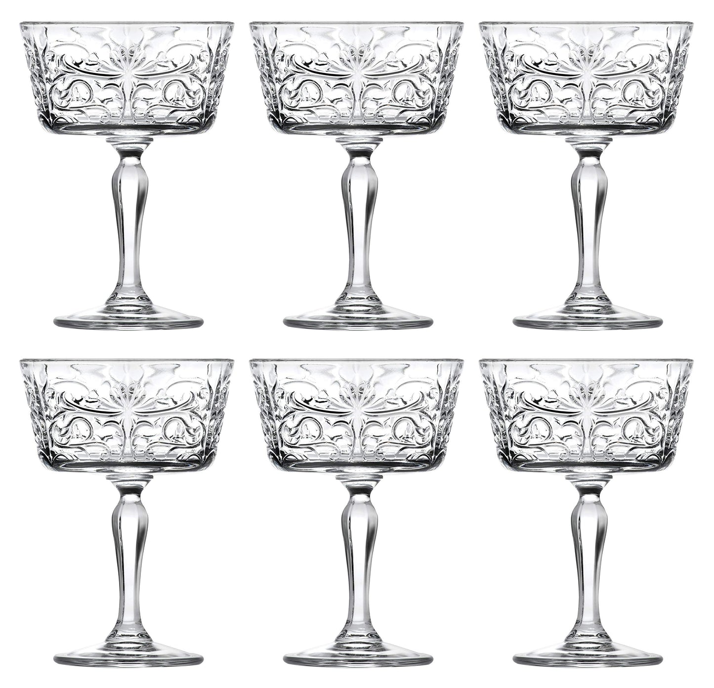 Barski Champagne Glasses - Flute - Saucer - Belle Coupe - Set of 6 Glasses - Glass Crystal - Glass has Tattoo Design -9 oz Made in Europe