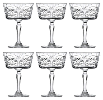Barski Champagne Glasses - Flute - Saucer - Belle Coupe - Set of 6 Glasses - Glass Crystal - Glass has Tattoo Design -9 oz Made in Europe