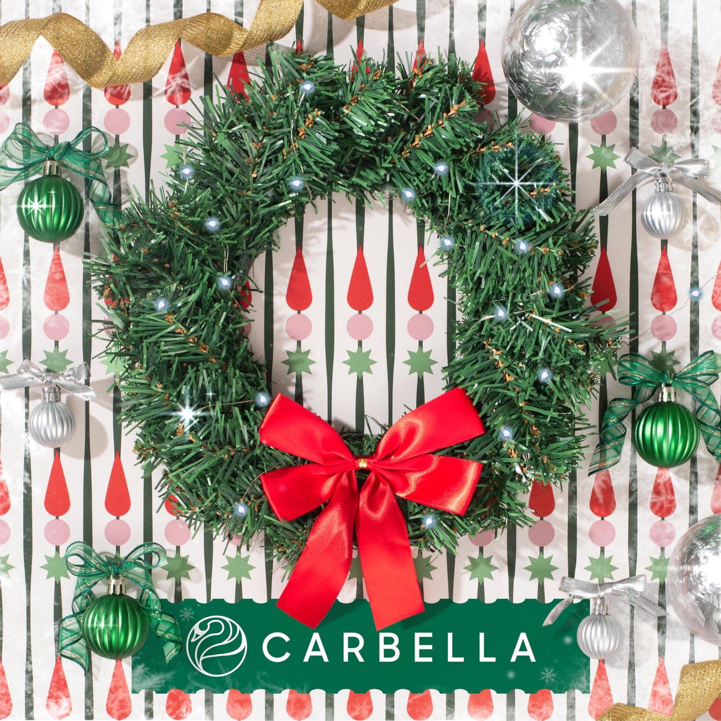 Carbella Christmas Wreath for Car Truck SUV Van, LED Light Up with Red Bow Decoration Ornament Mount Xmas Artificial Pine Water-Proof Winter Holiday Wreath Mounting Hardware Included (11" x 11")