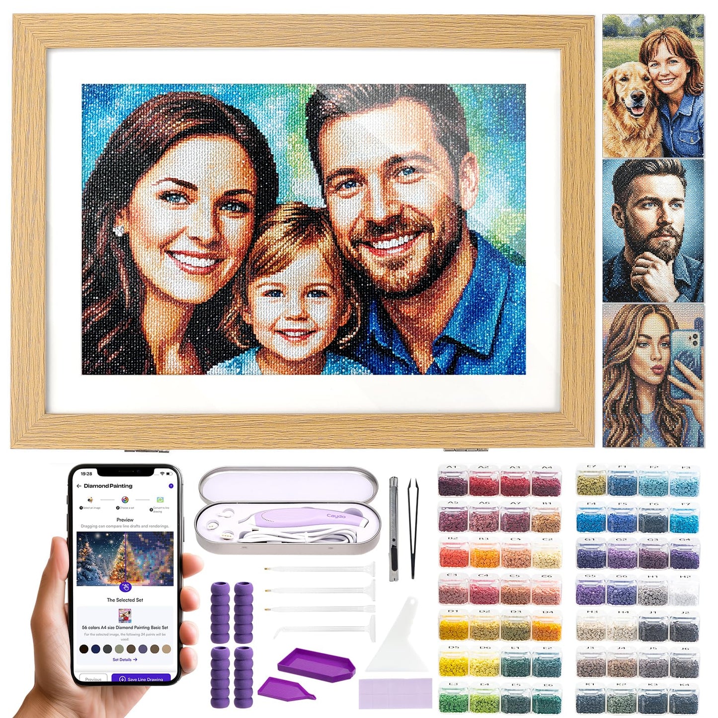 Caydo 3 Canvas Custom Diamond Painting Kit | Get Your Template & Start in Minutes via App | Personalized Diamond Art from Photo with Electric Diamond Painting Pen, 30,000 Diamonds(56 Colors) & Tools
