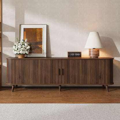 Merax 70 Inch Mid Century Modern TV Stand for TVs up to 80", Fluted Entertainment Center with Ample Storage & Sliding Doors, Curved Design Media Console for Living Room, Solid Wood Legs, Walnut
