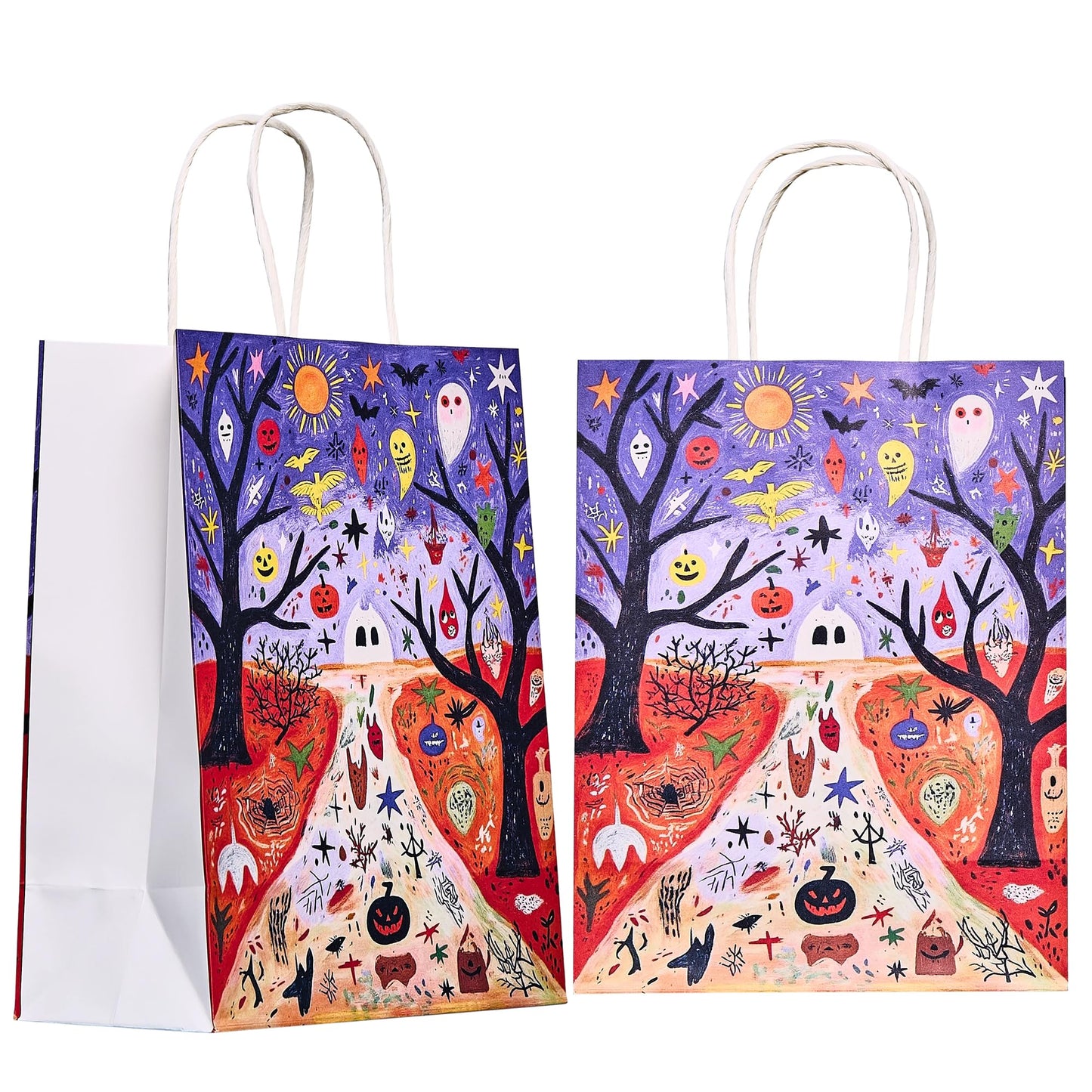 Halloween Paper Bags 8x4.5x11 Inch, Spooky Pumpkin Ghost Bat Design, Trick or Treat Goodie Bags for Party (8-Pack)
