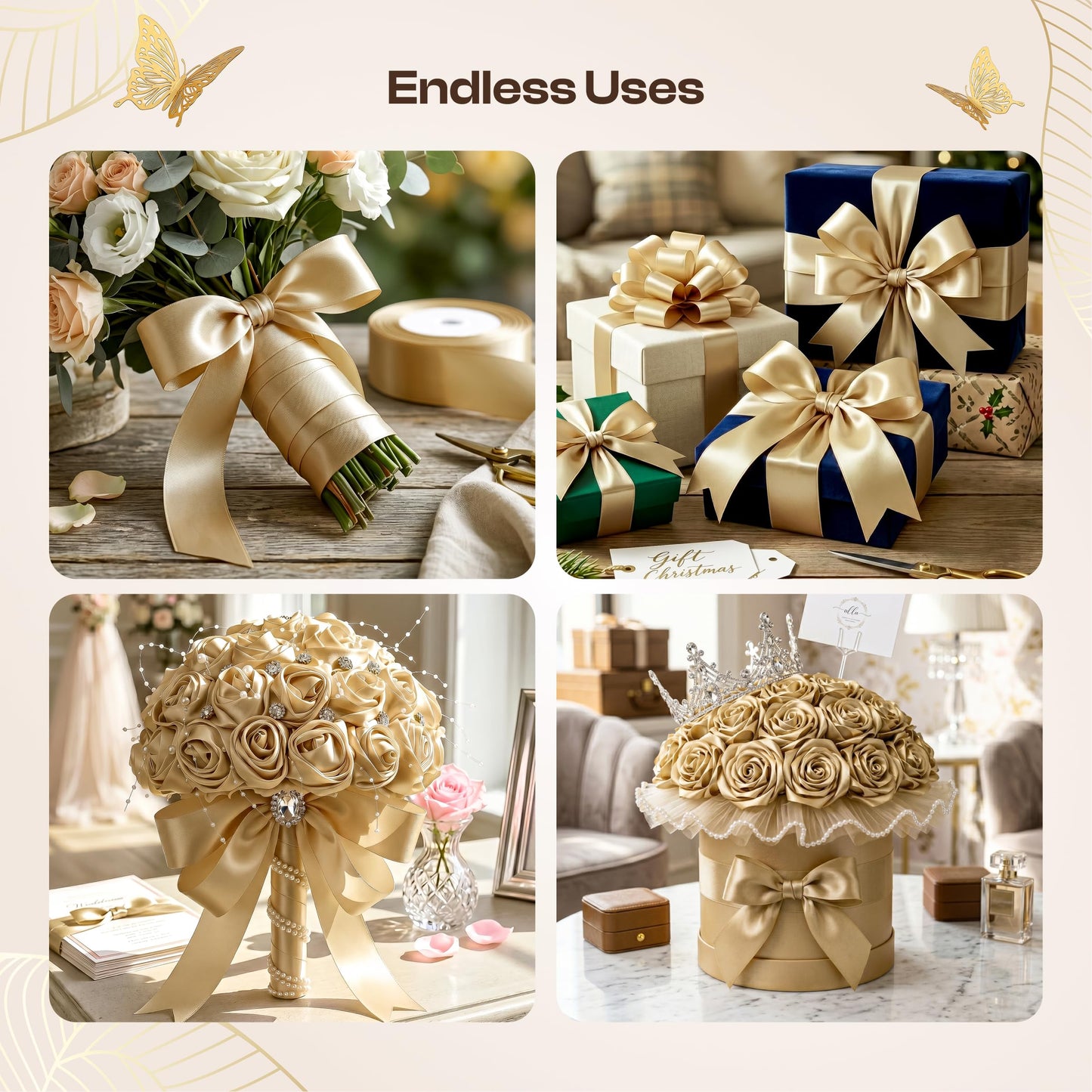 Caydo 1-1/2 Inch Satin Ribbon Flower Making Kit for Birthday Gifts, 50 Yards Champagne Gold Ribbon with Floral Stem Wire, Wrapping Paper, Glue Stick, 3D Butterfly and Diamond Pins