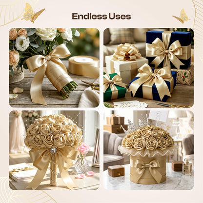 Caydo 1-1/2 Inch Satin Ribbon Flower Making Kit for Birthday Gifts, 50 Yards Champagne Gold Ribbon with Floral Stem Wire, Wrapping Paper, Glue Stick, 3D Butterfly and Diamond Pins