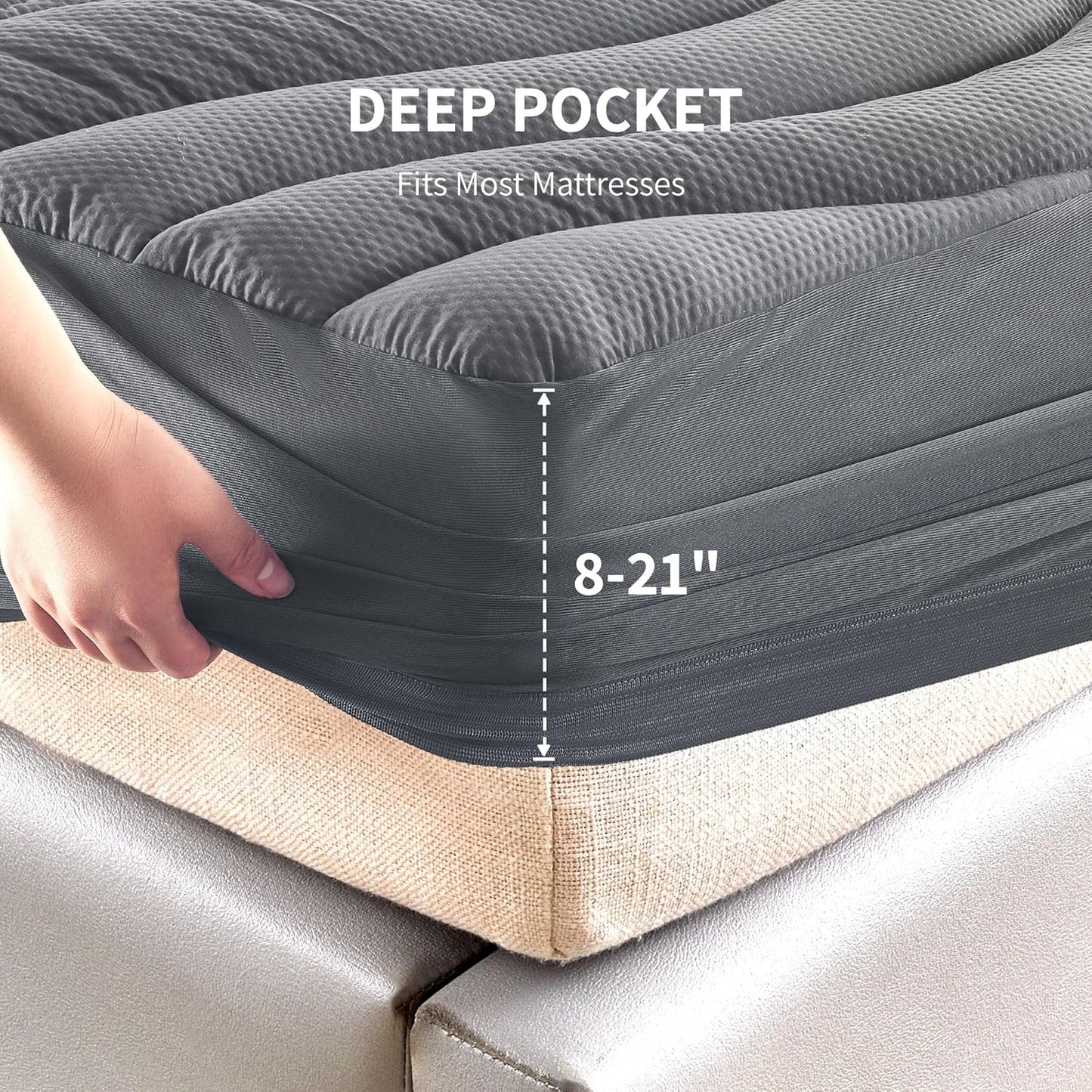 Soft Cooling Quilted Mattress Pad, Fitted Protector with Down Alternative Fill, Deep Pocket, Machine Washable (Grey,