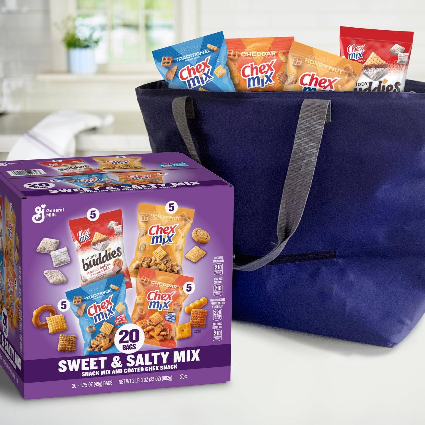 Chex Sweet & Salty Snack Variety Pack, Individually Wrapped Snack Bags, Party and Lunch Packs, Muddy Buddies Peanut Butter and Chocolate, Chex Mix Traditional, Cheddar, Honey Nut, 35 oz/20 Bags