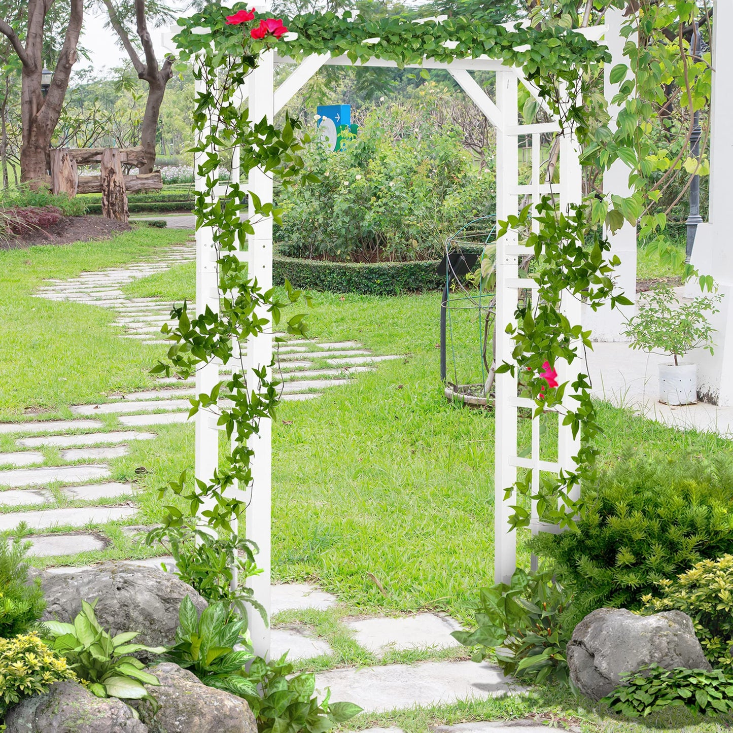 85" White Wooden Garden Arch with Trellis, Outdoor Arbor for Climbing Vines, Heavy Duty Wood Frame Trellis for Roses, Wisteria, Cucumbers, Backyard Patio Decor