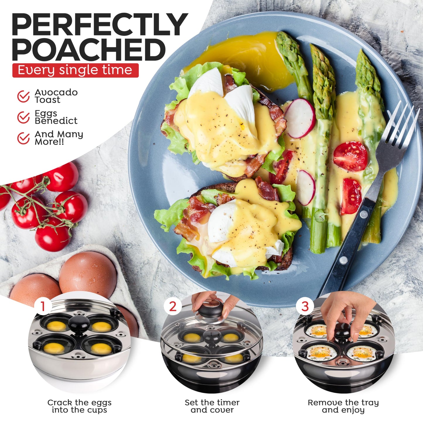 AVACRAFT Egg Poacher, Stainless Steel Egg Poaching Pan, Poached Eggs Cooker Food Grade PFOA free