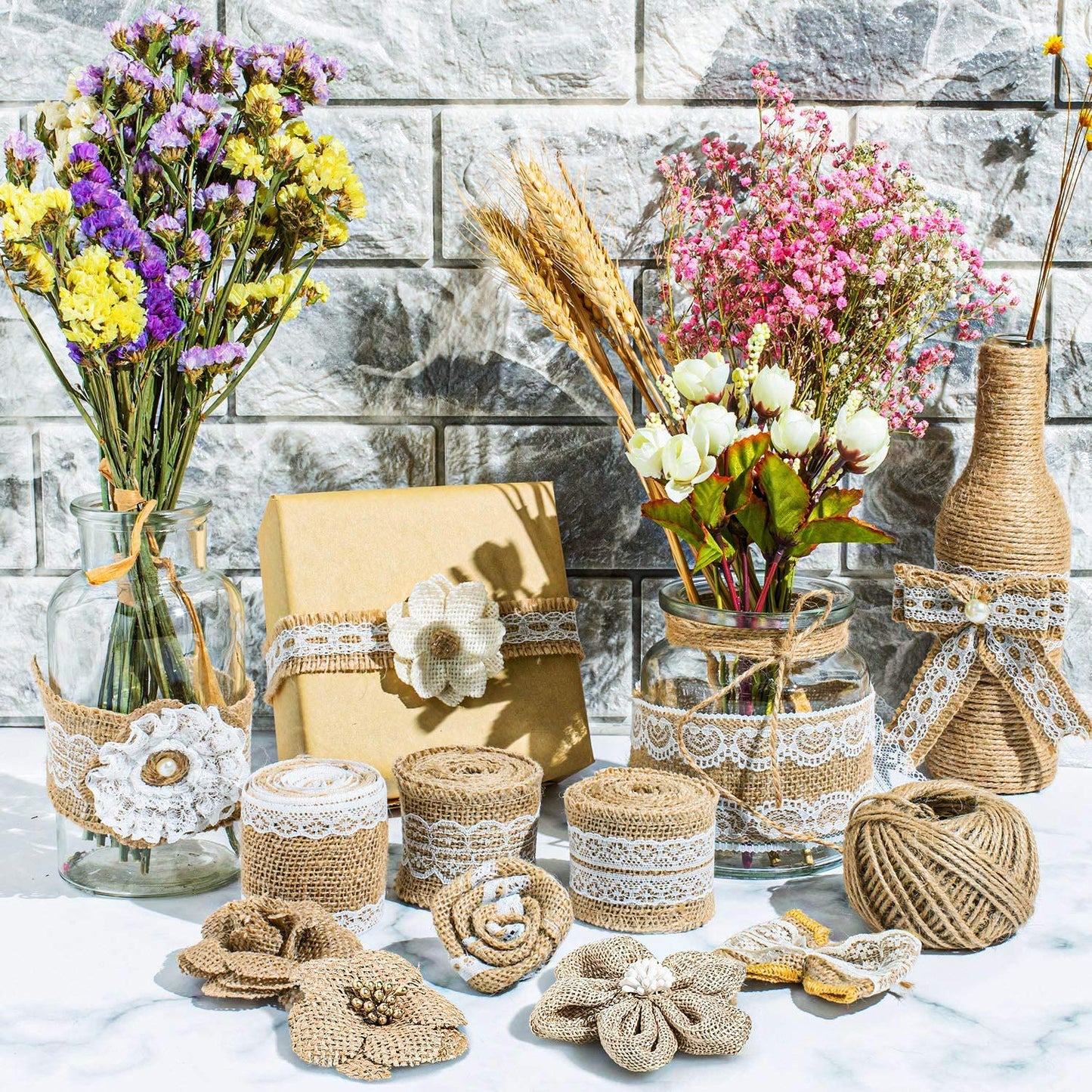 Allazone 46 PCS Natural Burlap Flowers Set, 3 Rolls Lace Burlap Ribbon and 40 PCS Handmade Burlap Rose Flowers, Twine Ribbon and Glue Point for DIY Craft Wedding Party Gift Decor