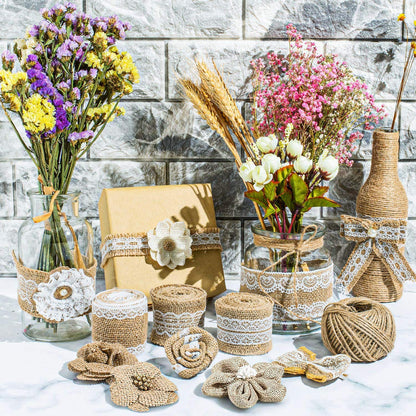 Allazone 46 PCS Natural Burlap Flowers Set, 3 Rolls Lace Burlap Ribbon and 40 PCS Handmade Burlap Rose Flowers, Twine Ribbon and Glue Point for DIY Craft Wedding Party Gift Decor