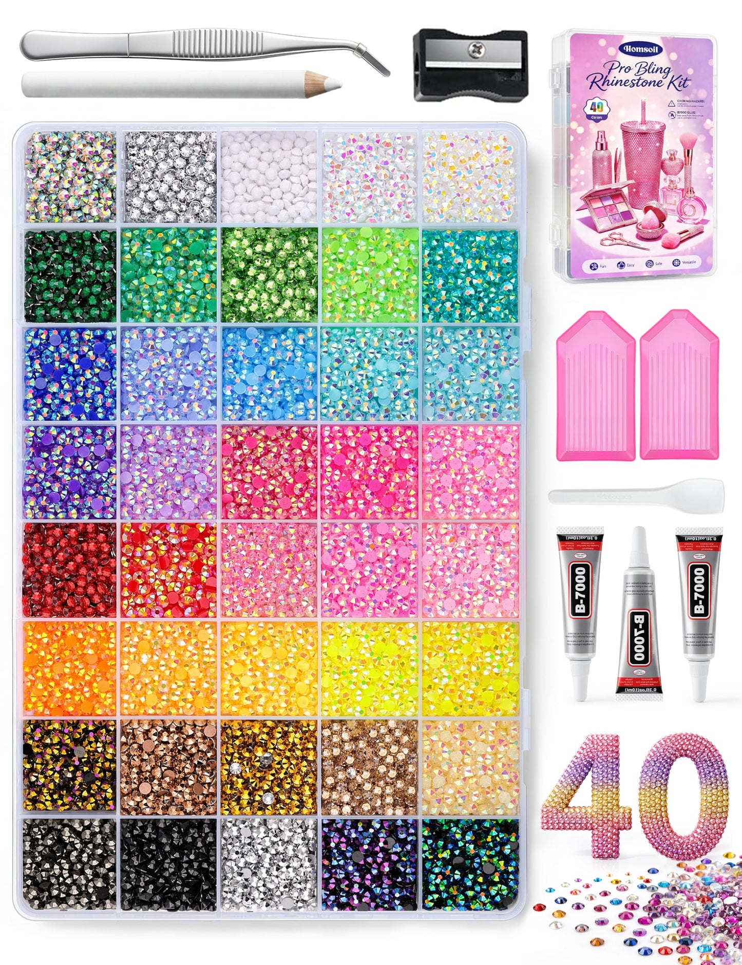 Upgraded 40 Colors Bedazzling Kit, 38000Pcs 3mm Jelly Resin Flatback Rhinestones with B7000 Glue, Pen, Tweezers, Trays & Storage Box for Adult Nail Art, DIY Crafts, Tumblers, Shoes & Clothes