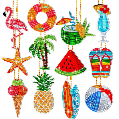 Thinkday 12 Pack Summer Diamond Painting Keychain Kits 5D Diamond Art Keychains DIY Painting Kit Summer Hanging for Kids DIY Crafts
