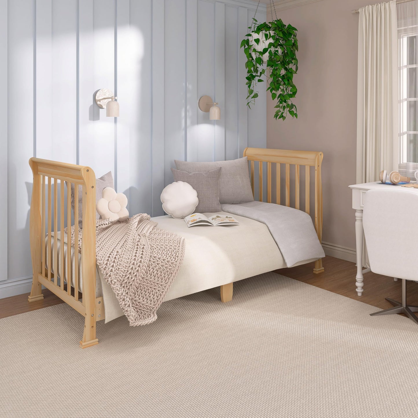 Dream On Me Violet 7-in-1 Convertible Full-Size Baby Crib with Toddler, Day & Full Bed Conversion in Natural, GreenGuard Gold & BSA, 4 Mattress Heights, Sustainable Pinewood