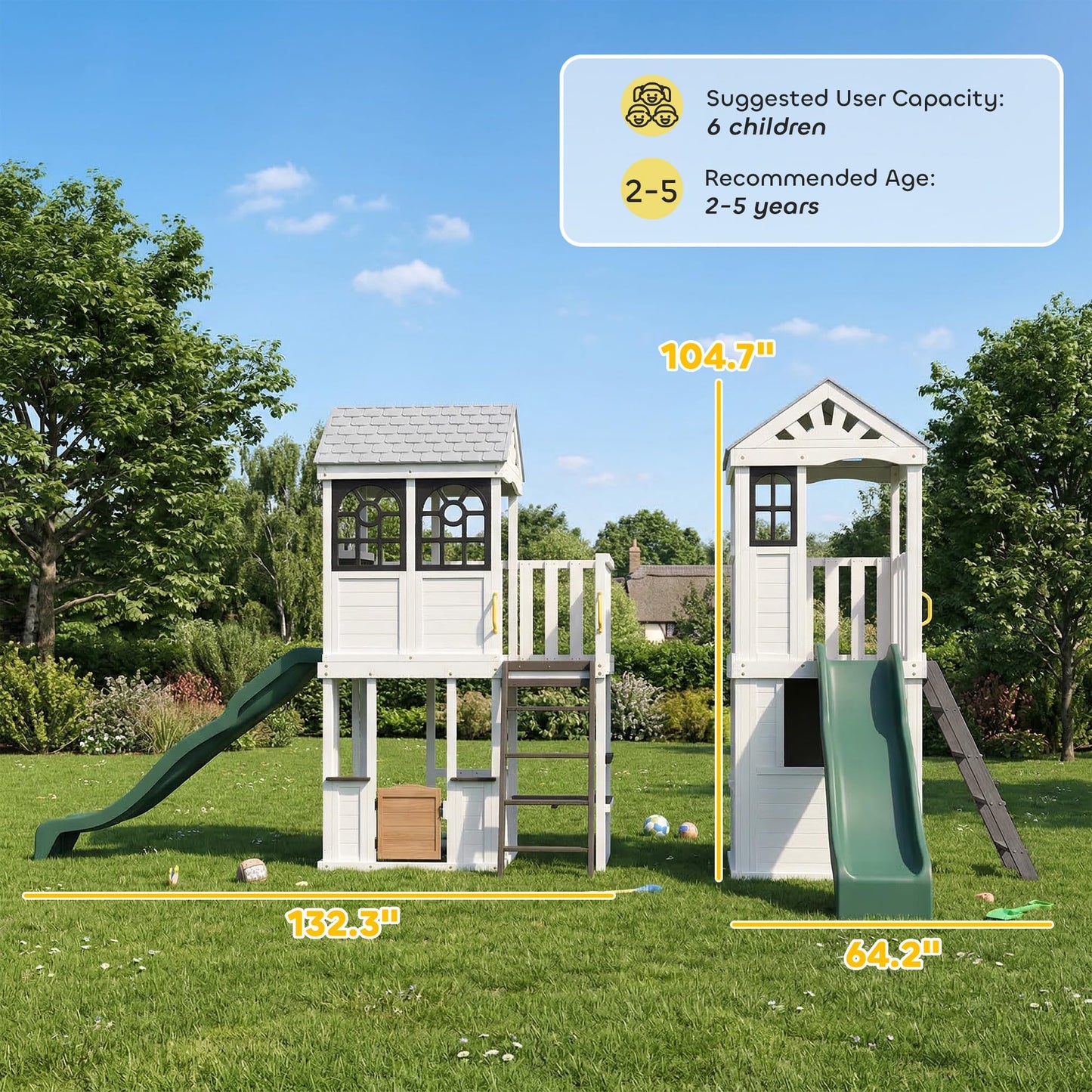 Qaba Two-Story Outdoor Wooden Playhouse for Kids with Slide, Picnic Table & Bench, Play Kitchen, Ladder, Lookout Platform for Age 2+ Backyard Play, White