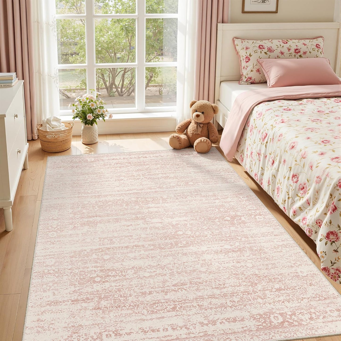 5x7 5'x7') Soalmost Pink Area Rugs for Baby Girl Nursery, Washable Rugs Vintage Floral Non-Slip Low Pile Soft Throw