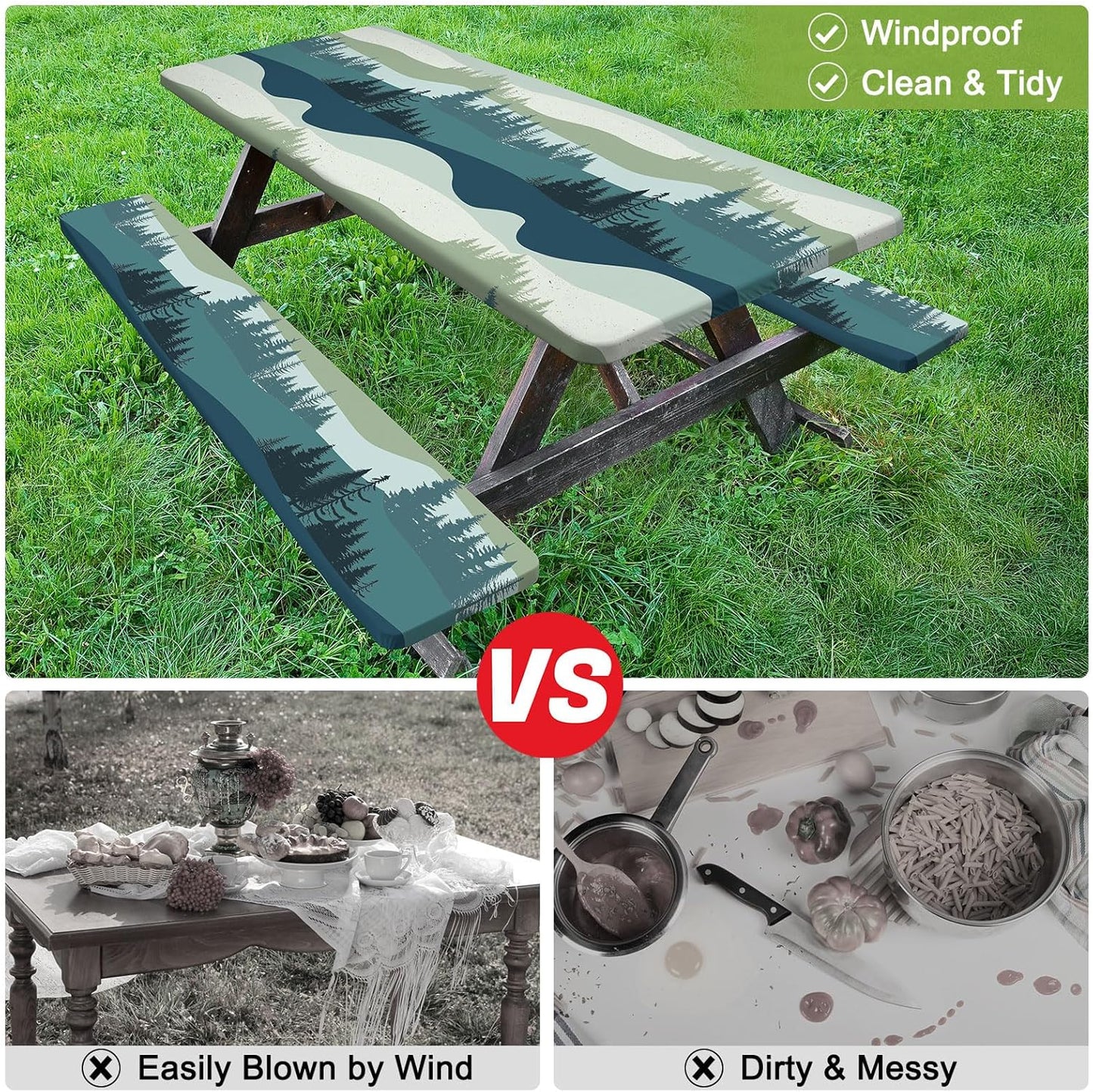 Picnic Table Cover with Bench Covers Camping Tablecloth with Storage Bag Windproof Waterproof Picnic Table Covers