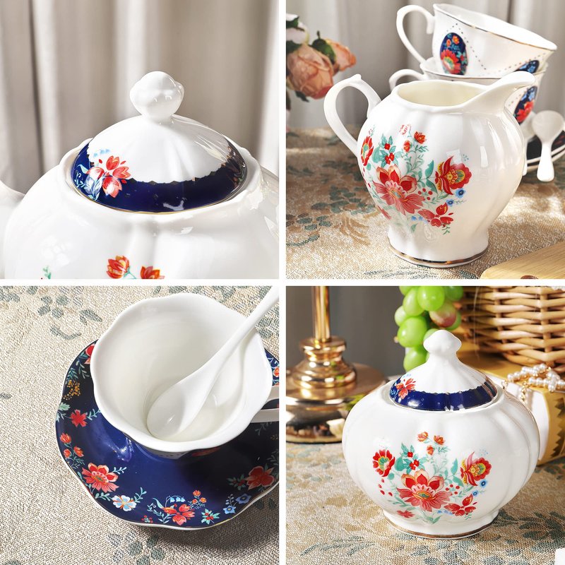 fanquare 21 Piece Old Victorian Porcelain Tea Set for 6, Royal British Floral Tea Cup Set for Women, Wedding Tea Party Set for Adults